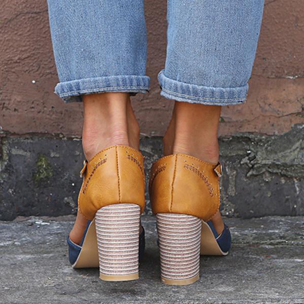 Women’s T-Strap Block Heels with Brogue Detailing and Adjustable Ankle Strap