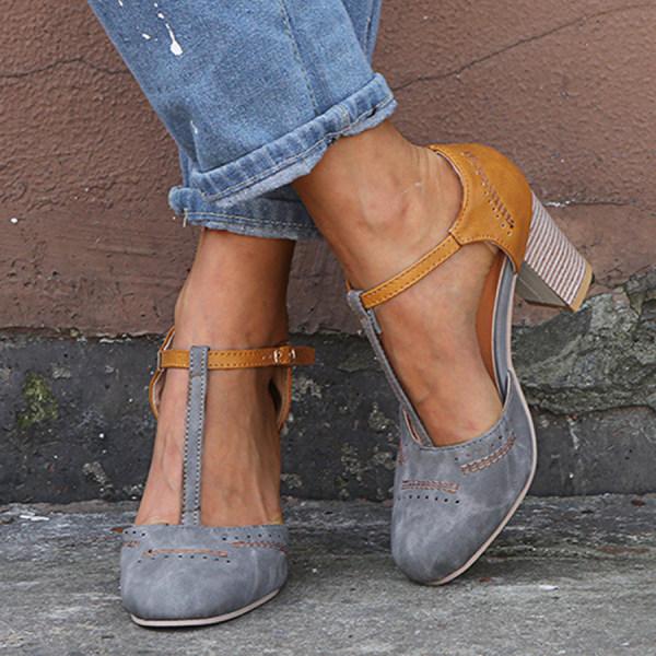 Women’s T-Strap Block Heels with Brogue Detailing and Adjustable Ankle Strap