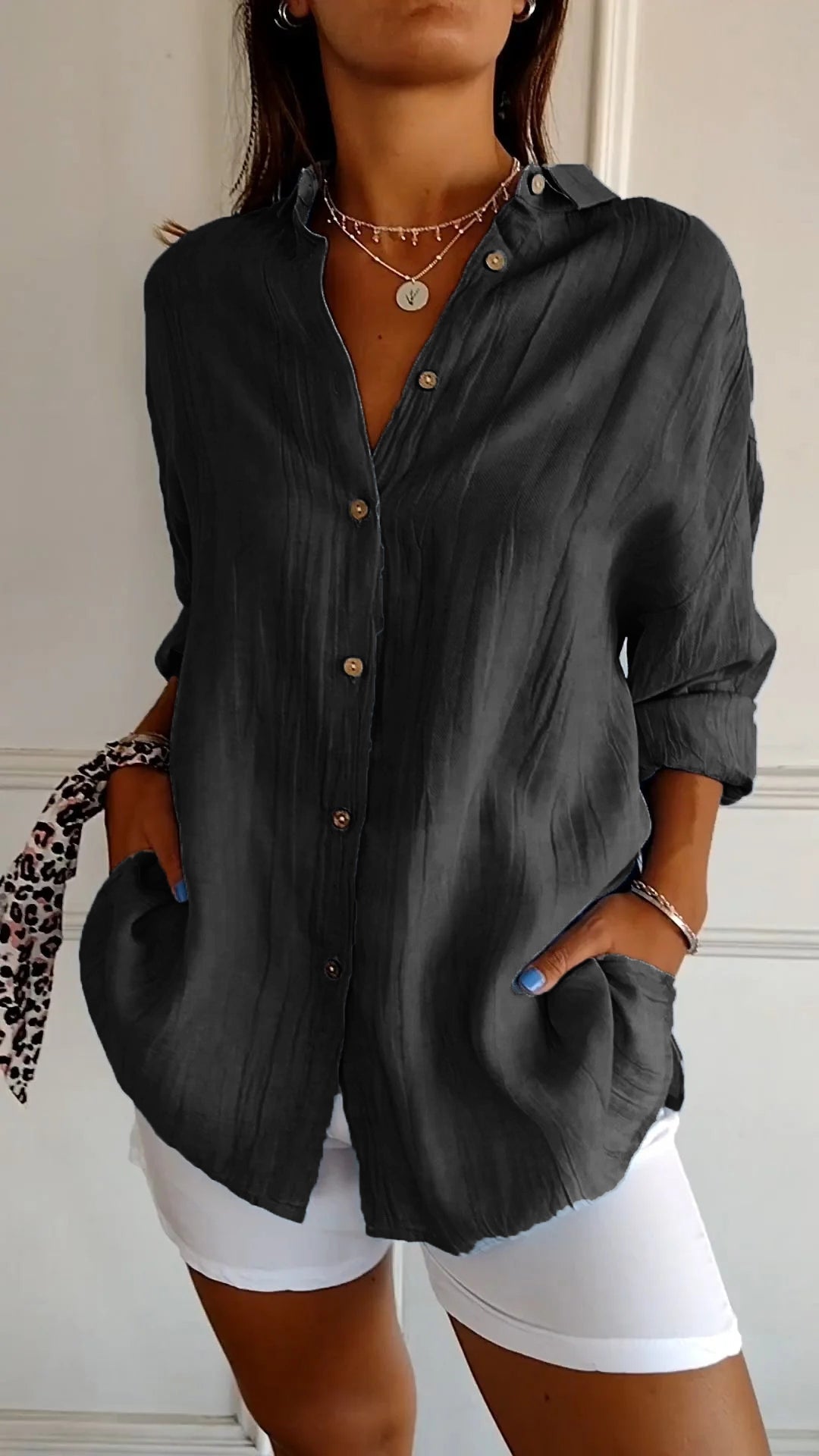 Women’s Button-Down Shirt with Oversized Long Sleeves and Side Pockets