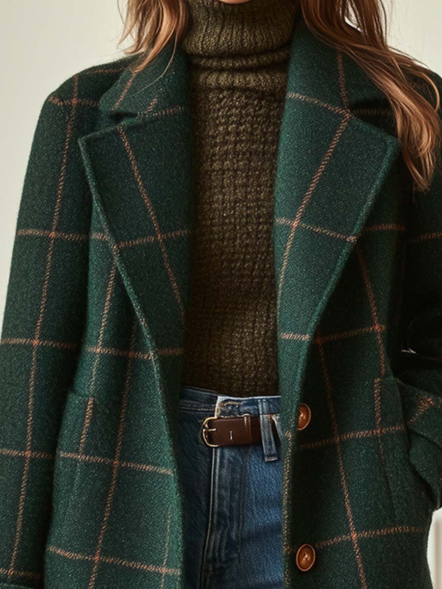Ceylan Forest Green Windowpane Plaid Wool Coat