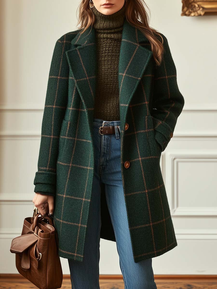 Ceylan Forest Green Windowpane Plaid Wool Coat