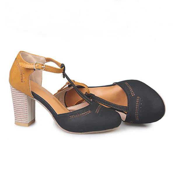 Women’s T-Strap Block Heels with Brogue Detailing and Adjustable Ankle Strap