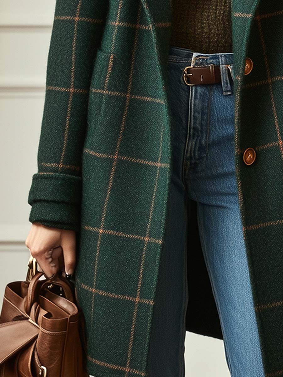 Ceylan Forest Green Windowpane Plaid Wool Coat