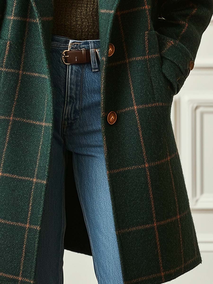 Ceylan Forest Green Windowpane Plaid Wool Coat