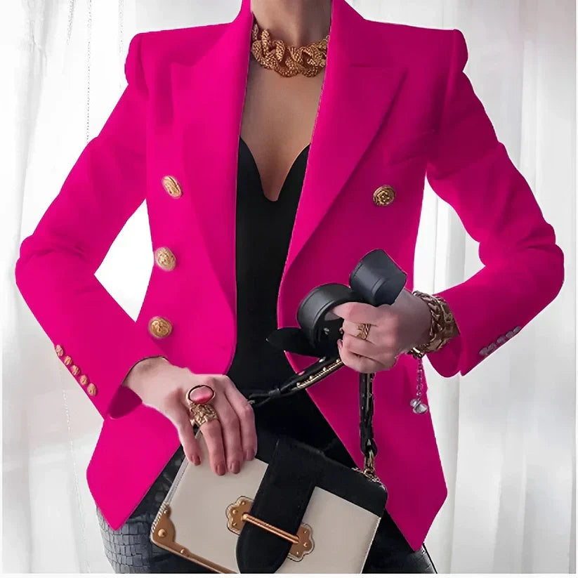 Women’s Double-Breasted Blazer with Gold Buttons and Tailored Peak Lapel
