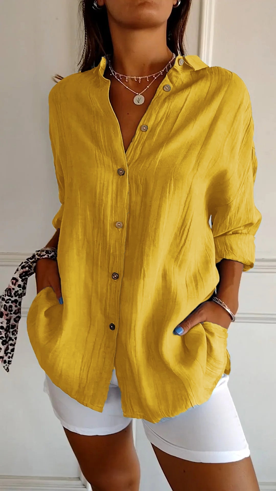 Women’s Button-Down Shirt with Oversized Long Sleeves and Side Pockets