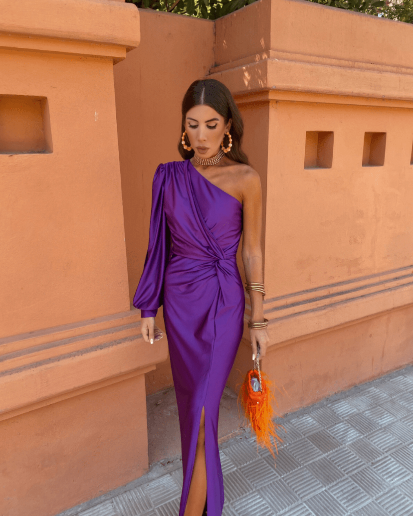 Women’s Maxi Dress with One-Shoulder Draped Bodice and High Slit