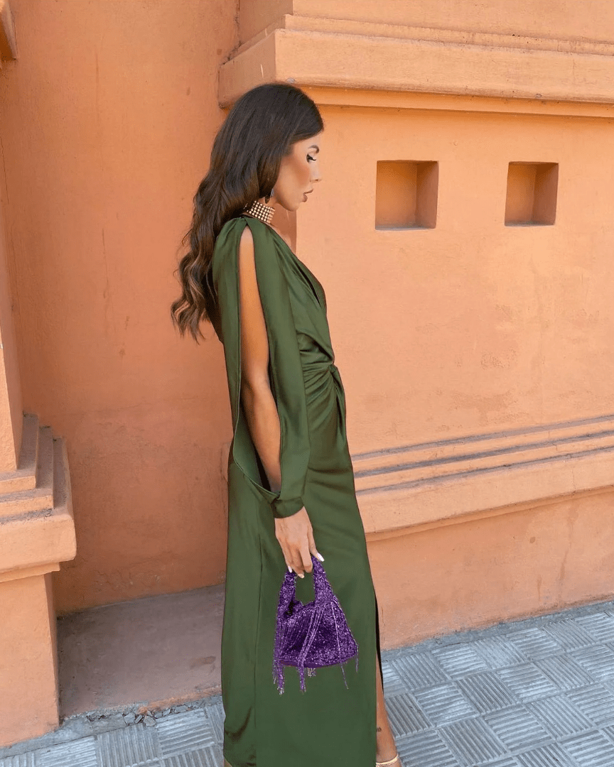 Women’s Maxi Dress with One-Shoulder Draped Bodice and High Slit