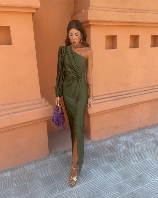 Women’s Maxi Dress with One-Shoulder Draped Bodice and High Slit