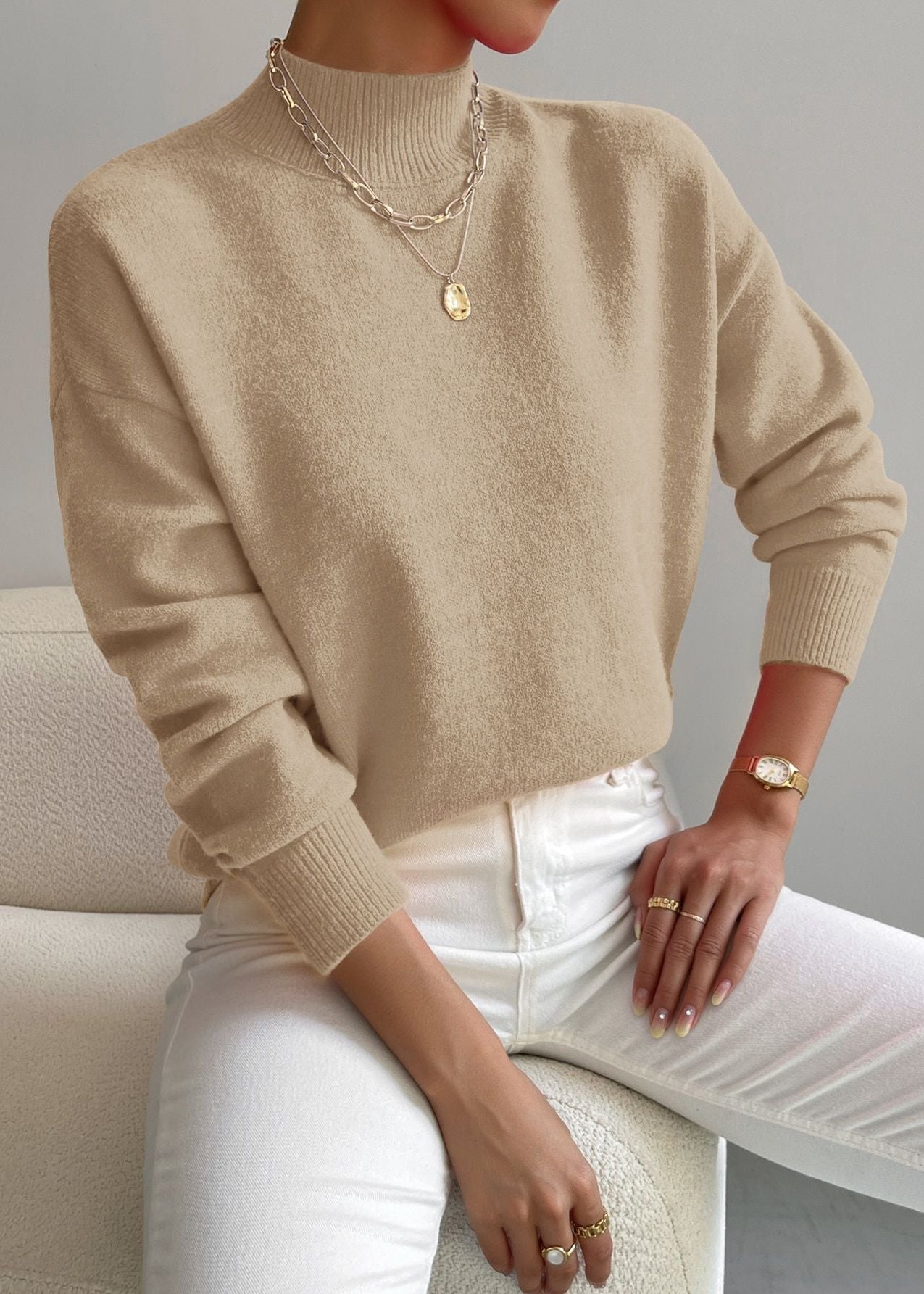Women¡¯s Wool Blend Mock Neck Pullover with Relaxed Drop Shoulder
