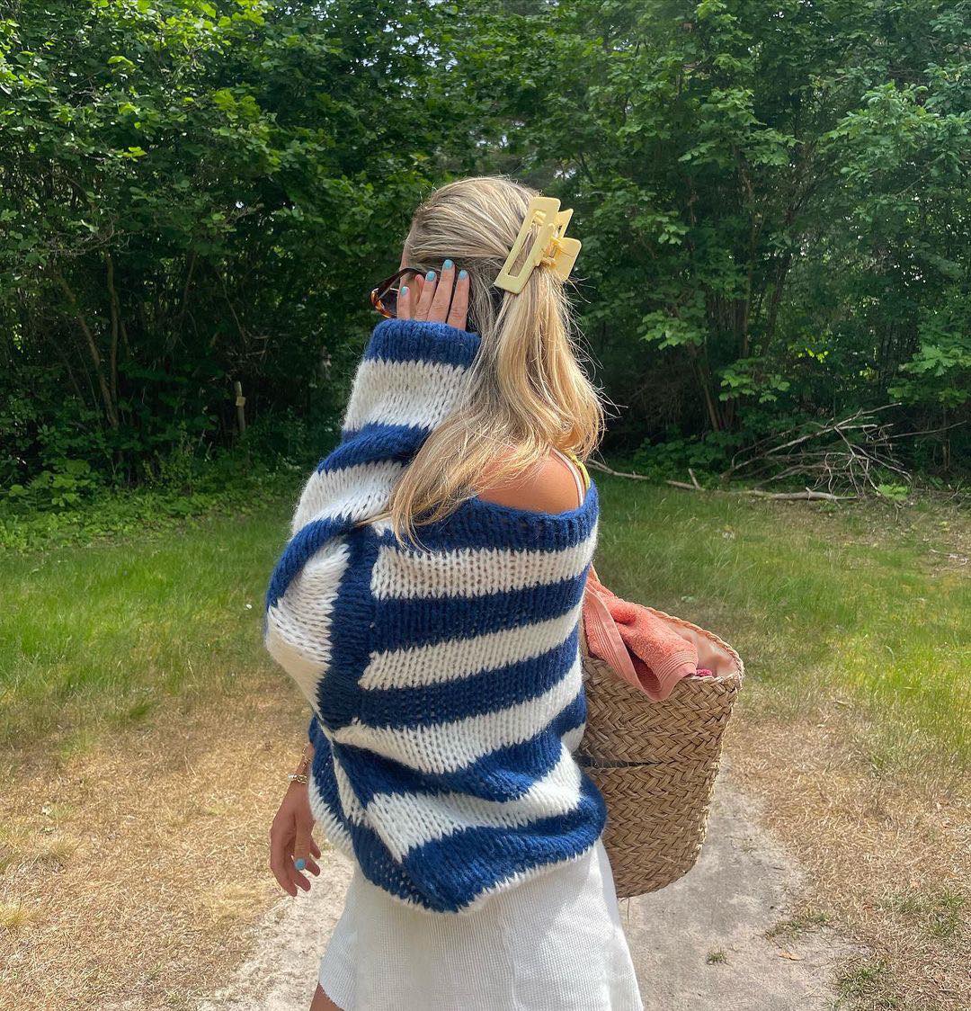 Women's Striped Oversized Jumper Crew Neck Long Sleeve
