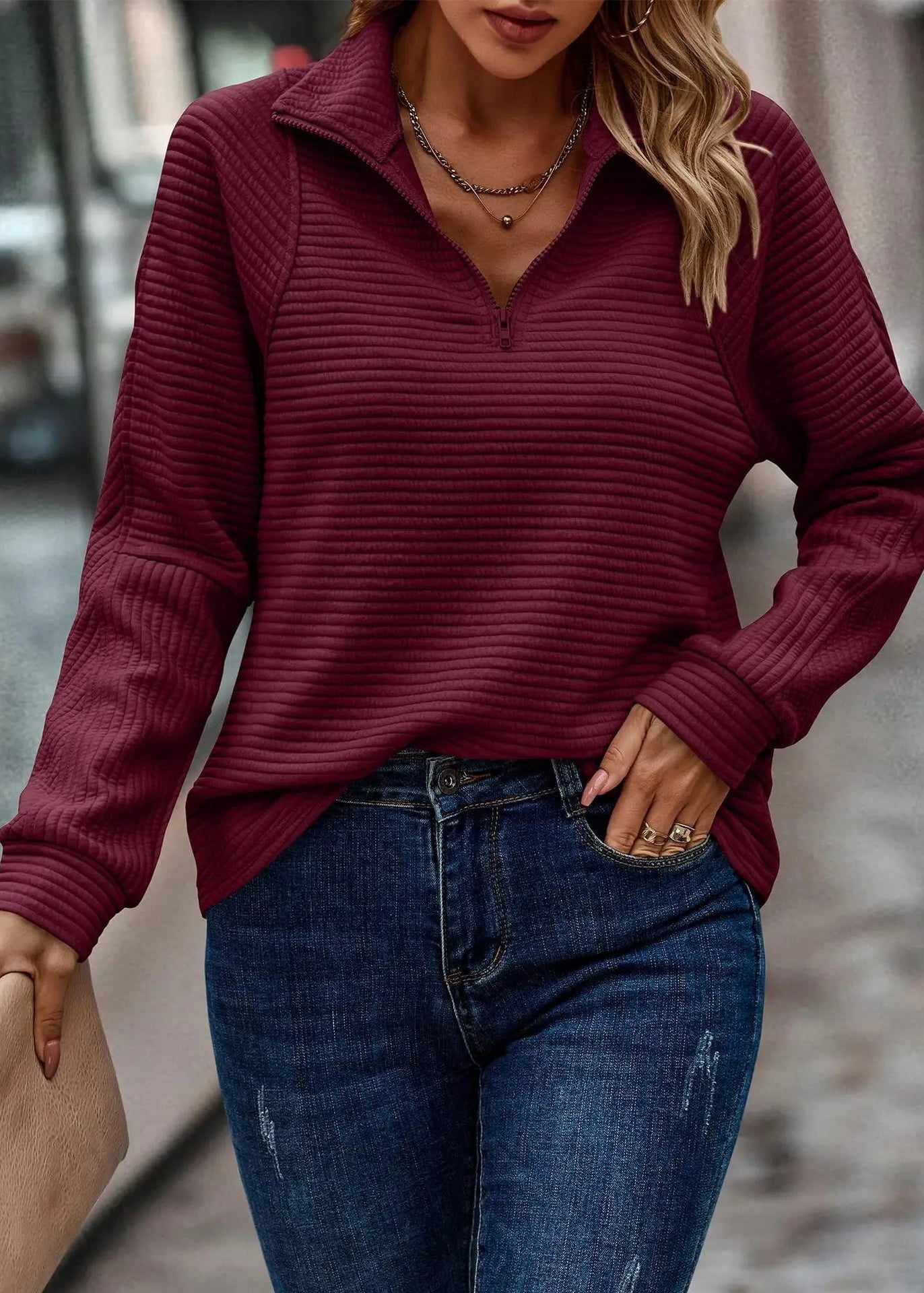 Women’s Quarter-Zip Pullover with Horizontal Ribbed Texture and Relaxed Fit