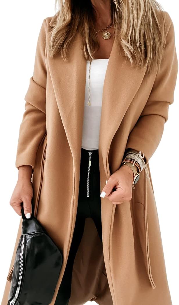 Women's Open-Front Coat with Notch Collar and Belt