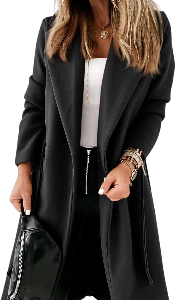 Women's Open-Front Coat with Notch Collar and Belt