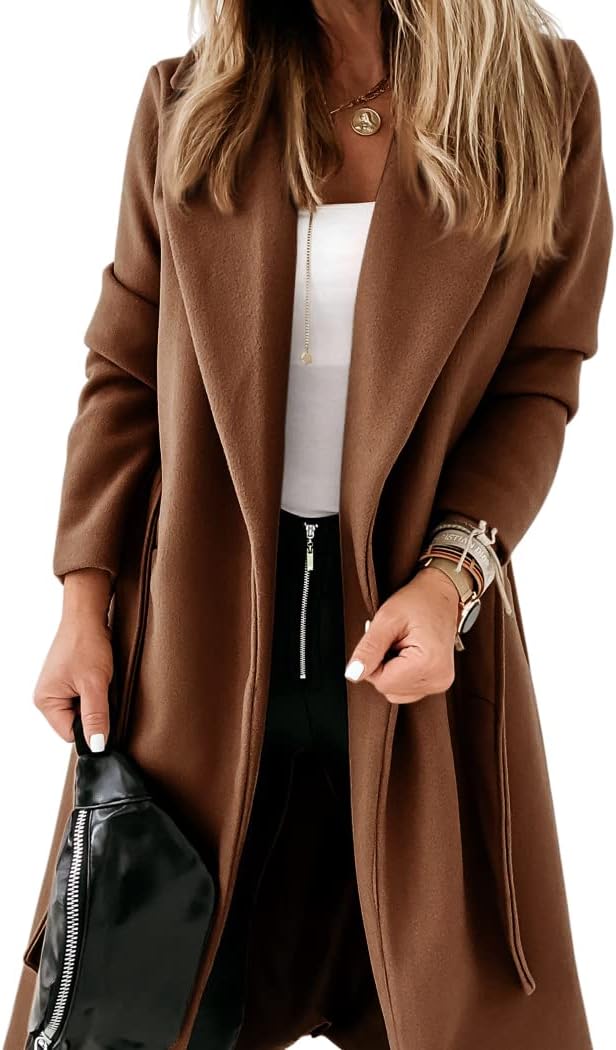 Women's Open-Front Coat with Notch Collar and Belt