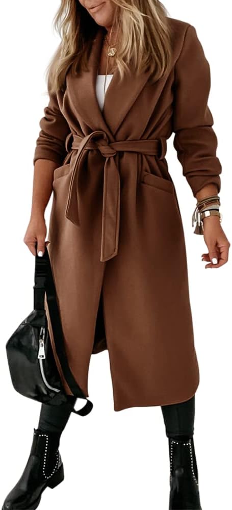 Women's Open-Front Coat with Notch Collar and Belt