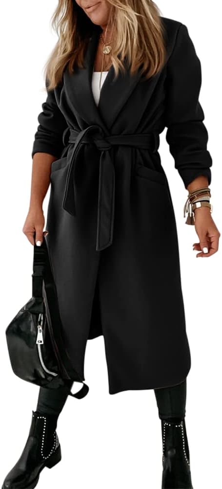 Women's Open-Front Coat with Notch Collar and Belt