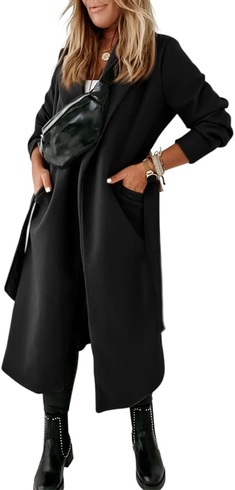Women's Open-Front Coat with Notch Collar and Belt