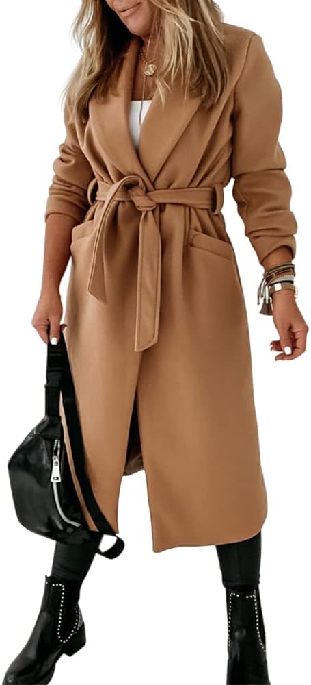 Women's Open-Front Coat with Notch Collar and Belt