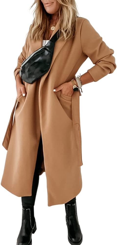 Women's Open-Front Coat with Notch Collar and Belt