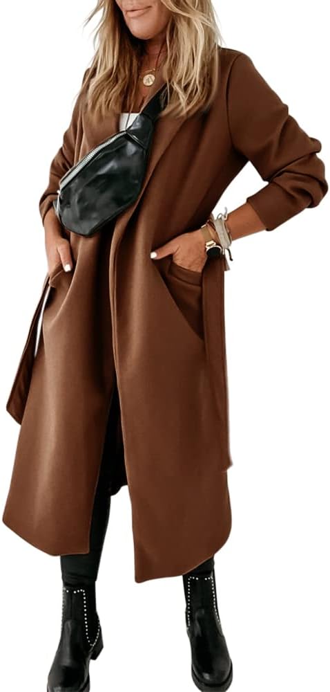 Women's Open-Front Coat with Notch Collar and Belt