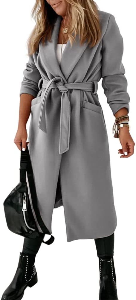 Women's Open-Front Coat with Notch Collar and Belt