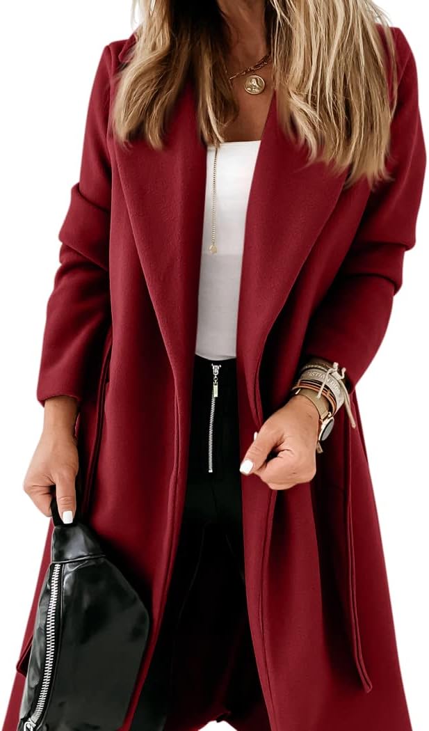 Women's Open-Front Coat with Notch Collar and Belt
