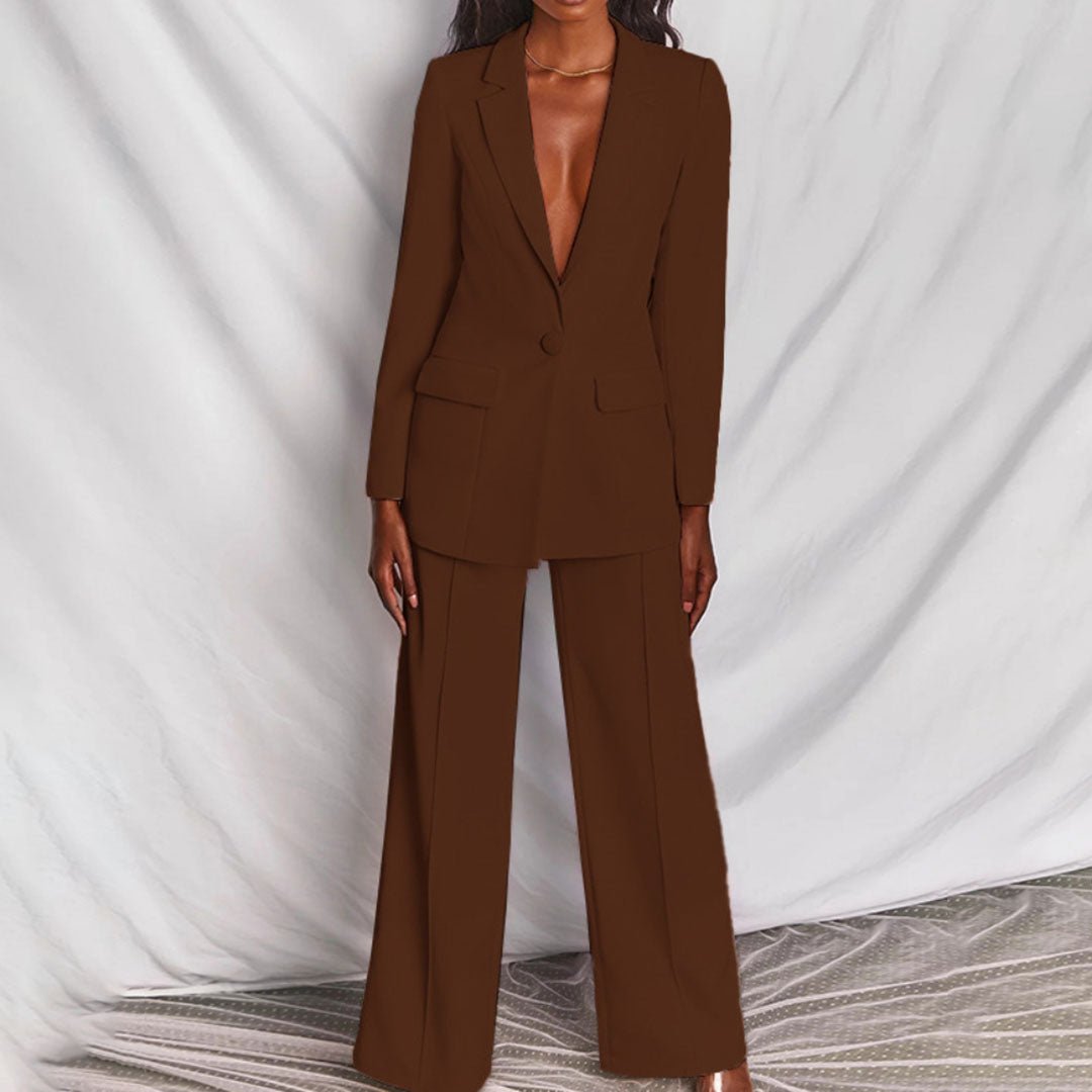 Women's Blazer and Trousers Set with Single-Breasted Jacket and Wide-Leg Pants