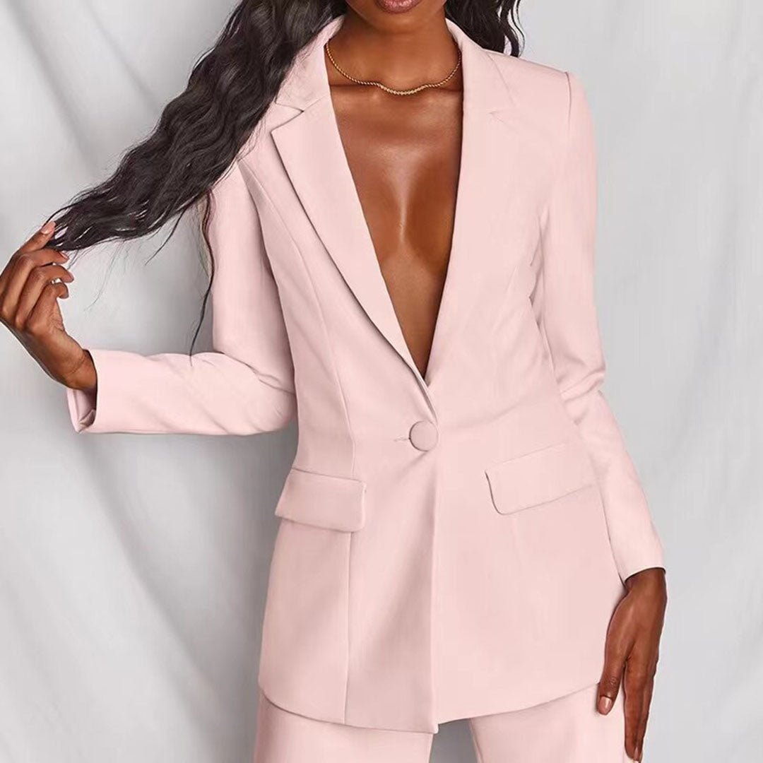 Women's Blazer and Trousers Set with Single-Breasted Jacket and Wide-Leg Pants