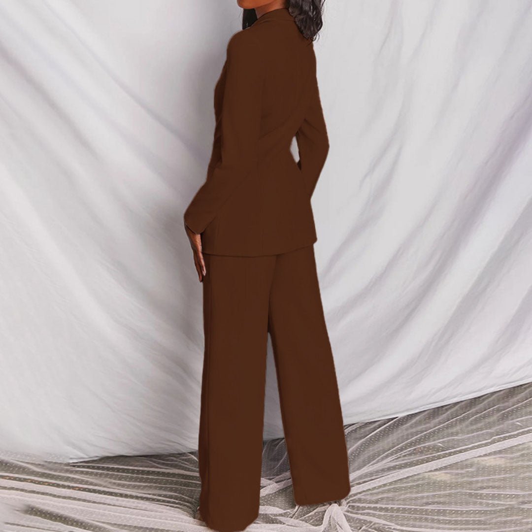 Women's Blazer and Trousers Set with Single-Breasted Jacket and Wide-Leg Pants