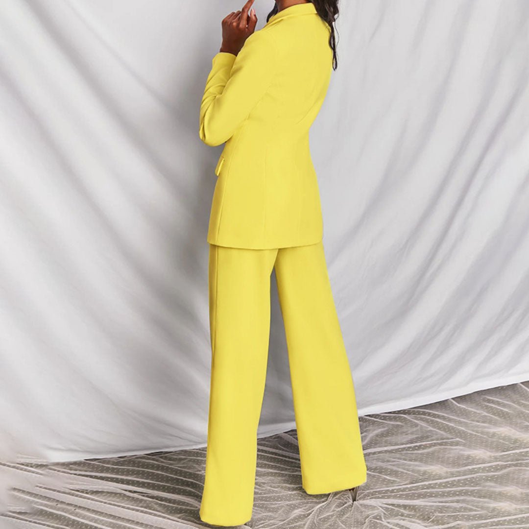Women's Blazer and Trousers Set with Single-Breasted Jacket and Wide-Leg Pants