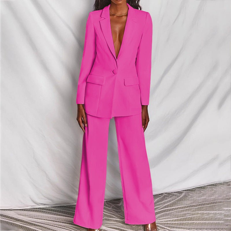Women's Blazer and Trousers Set with Single-Breasted Jacket and Wide-Leg Pants
