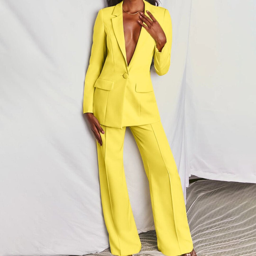 Women's Blazer and Trousers Set with Single-Breasted Jacket and Wide-Leg Pants