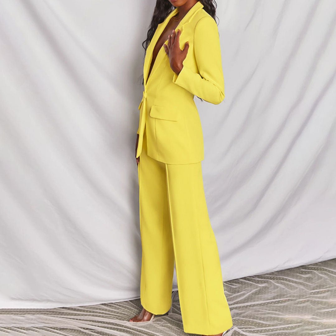 Women's Blazer and Trousers Set with Single-Breasted Jacket and Wide-Leg Pants