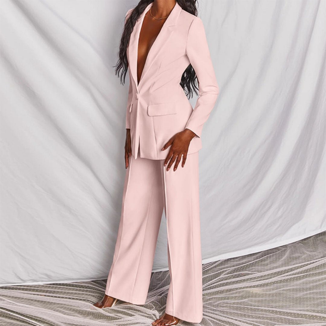 Women's Blazer and Trousers Set with Single-Breasted Jacket and Wide-Leg Pants