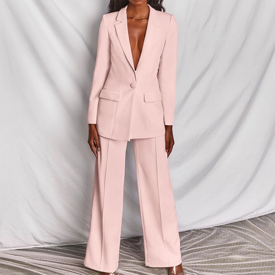 Women's Blazer and Trousers Set with Single-Breasted Jacket and Wide-Leg Pants