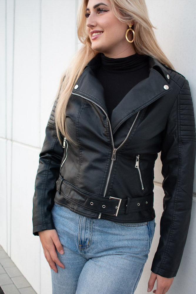 Women's Biker Jacket with Quilted Sleeves and Buckle Belt