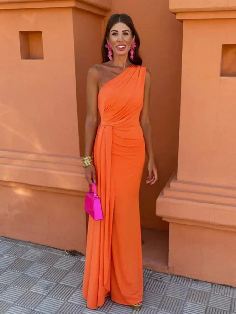 Women’s One-Shoulder Maxi Dress with Ruched Bodice and Cascading Drape
