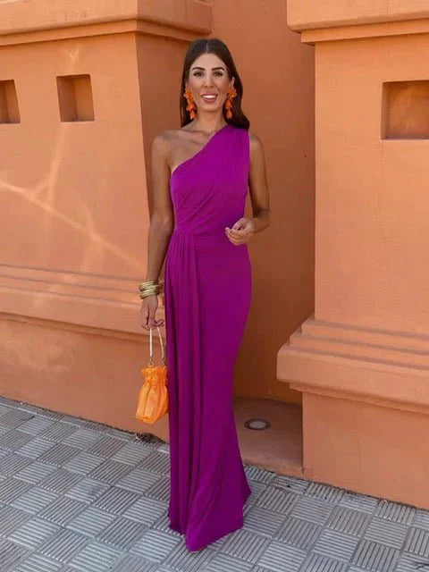 Women’s One-Shoulder Maxi Dress with Ruched Bodice and Cascading Drape