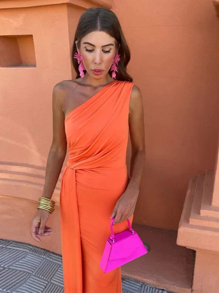 Women’s One-Shoulder Maxi Dress with Ruched Bodice and Cascading Drape