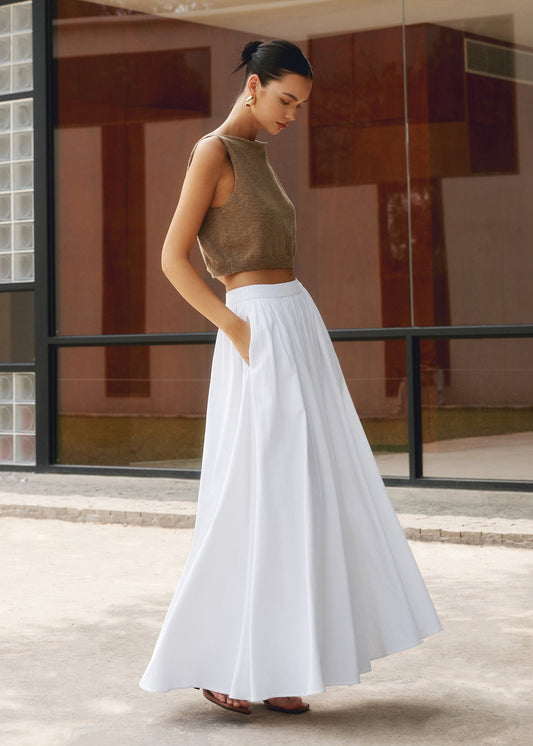 Women¡¯s High Waist A-Line Maxi Skirt with Pleated Silhouette and Pockets