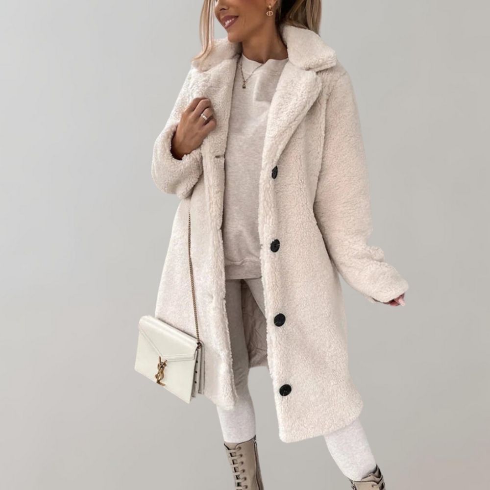 Women's Long Teddy Coat with Notched Lapel