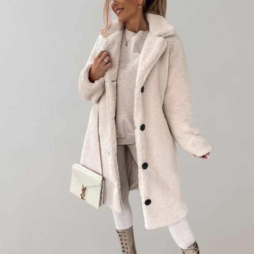 Women's Long Teddy Coat with Notched Lapel