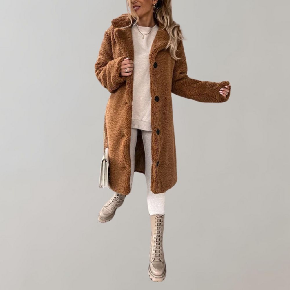 Women's Long Teddy Coat with Notched Lapel