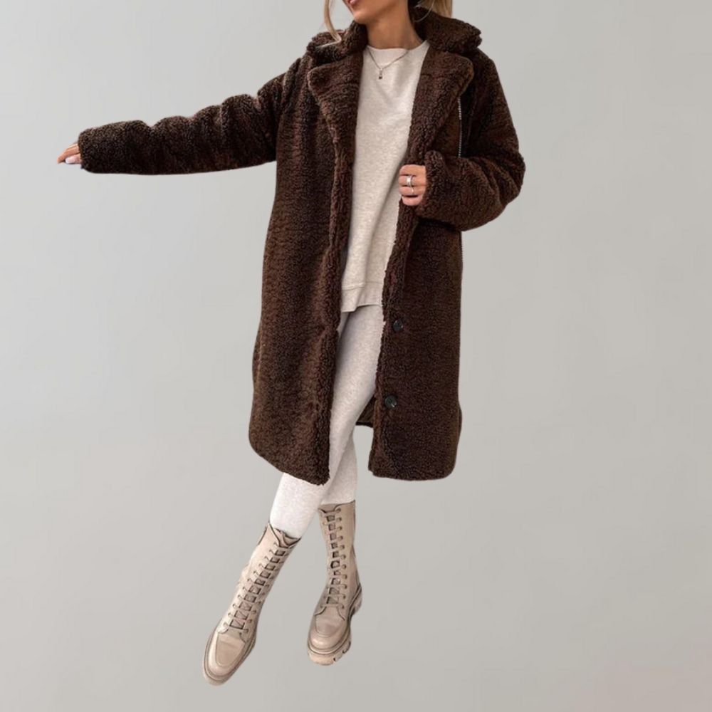 Women's Long Teddy Coat with Notched Lapel