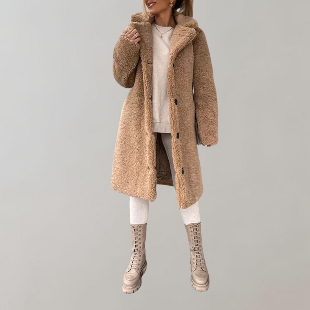 Women's Long Teddy Coat with Notched Lapel