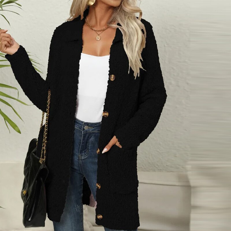 Women's Longline Button-Front Teddy Jacket with Pockets