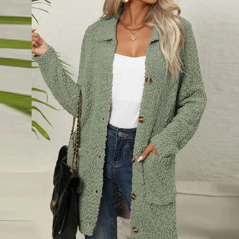Women's Longline Button-Front Teddy Jacket with Pockets