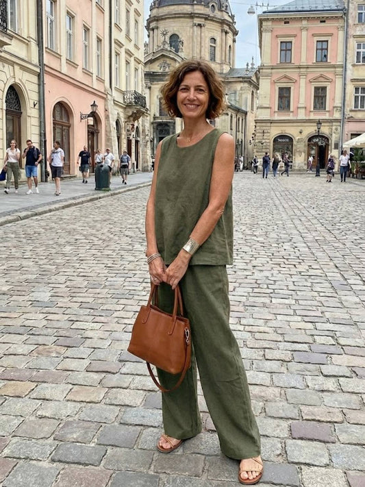 Women’s 2-Piece Set with Sleeveless Linen Tank Top and Wide Leg Trousers