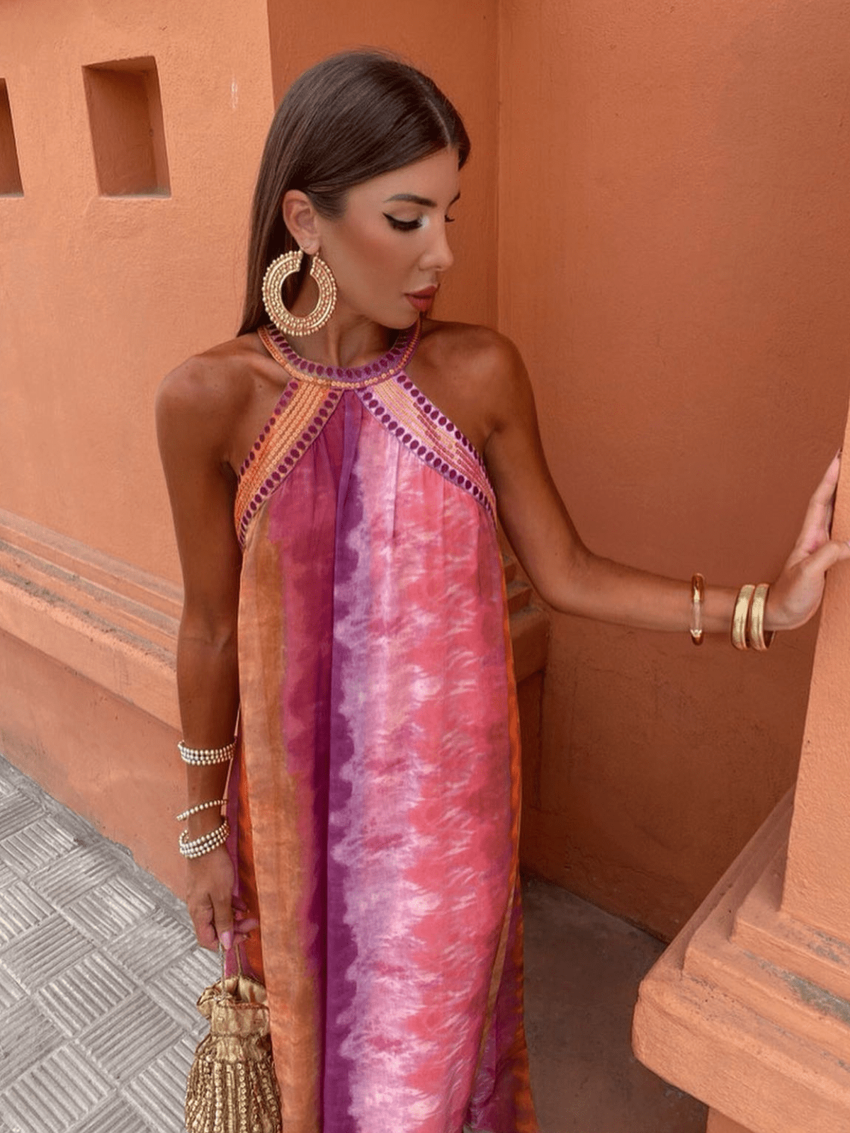 Women’s Halter Maxi Dress with Embroidered Neckline and Ombre Plissé Pleats